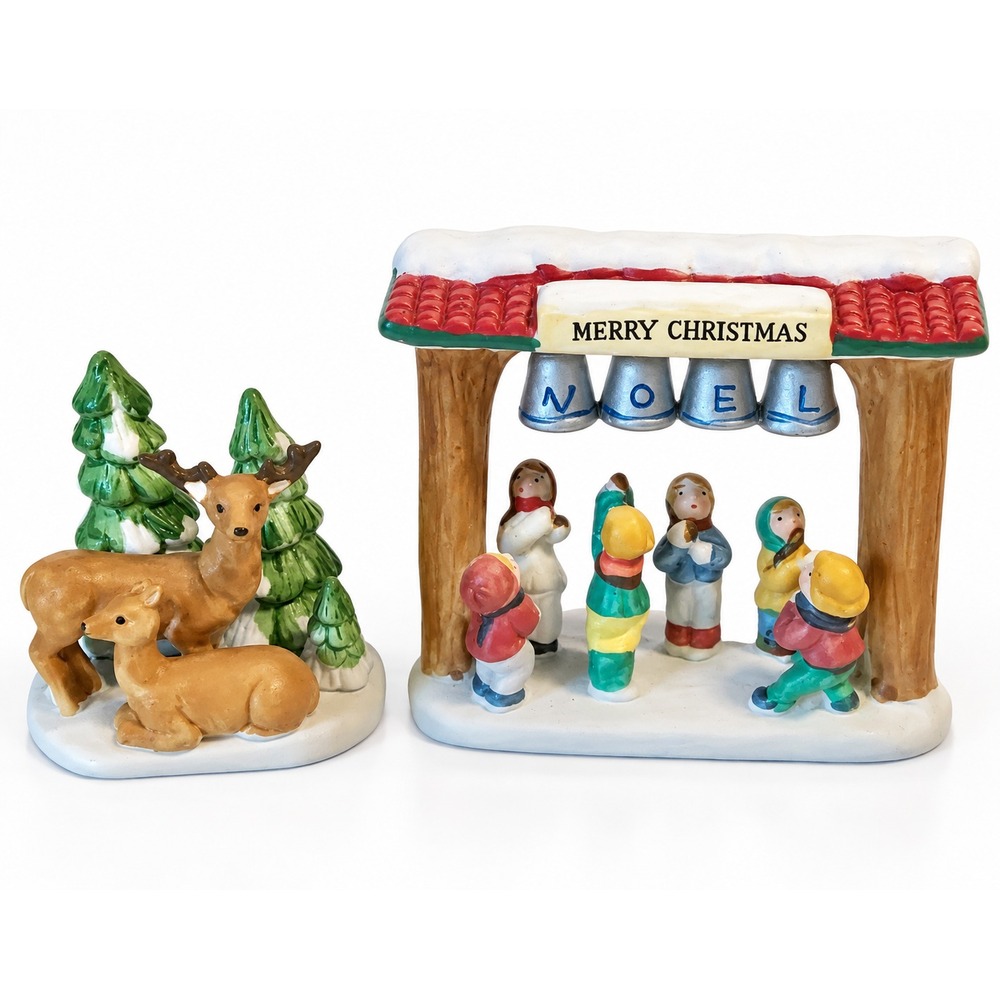LEMAX DICKENSVALE Christmas Winter Village VTG Porcelain Bell Ringers & Deer